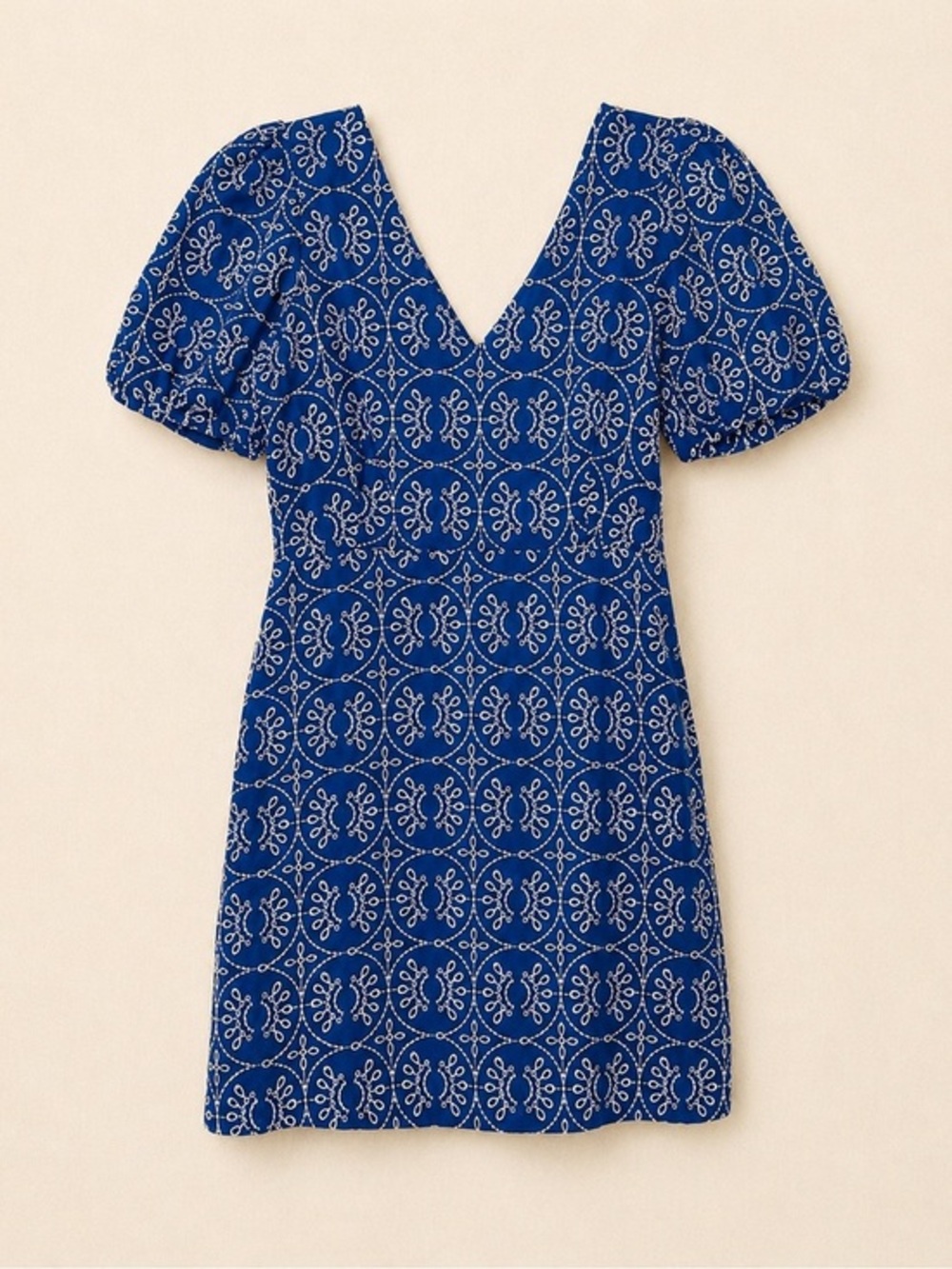 Mango Blue Cotton Puff-Sleeve Mini Dress Embroidered Open Back NWOT 6 #2482